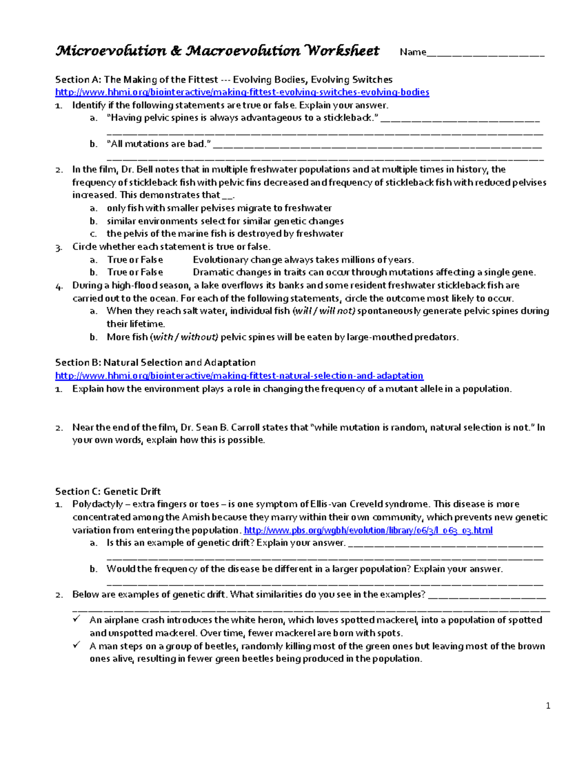 Evolution (BIO 101) Worksheet: Microevolution & Macroevolution Concepts ...