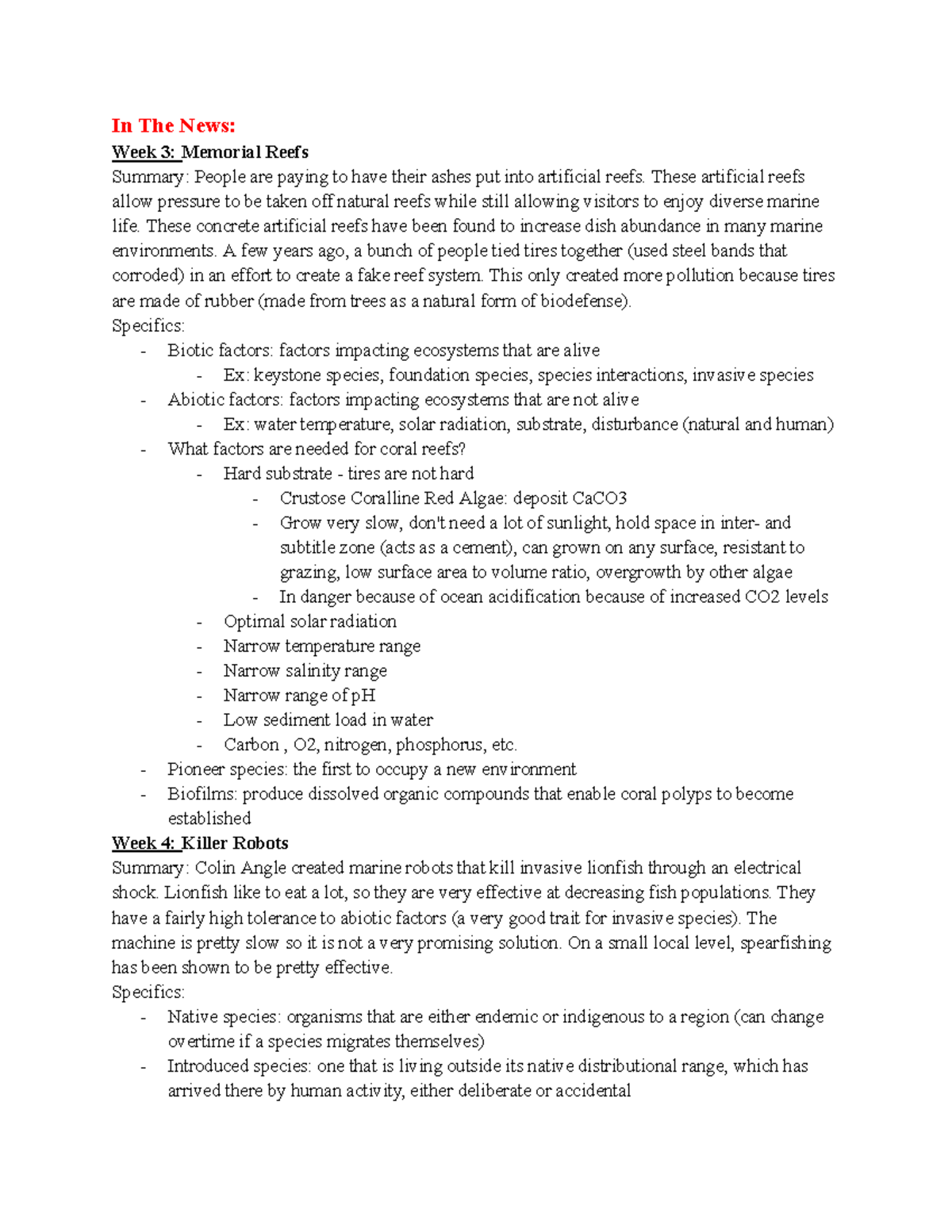 Biology 1108 Exam 2 - Study Guide - In The News: Week 3: Memorial Reefs ...