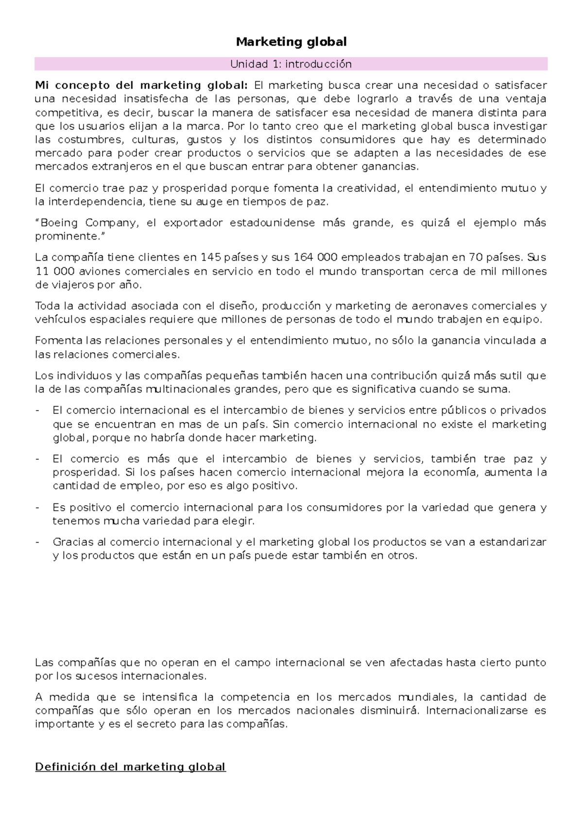 Marketing Global: Unidad 1 - Introducción y Conceptos Clave - Studocu