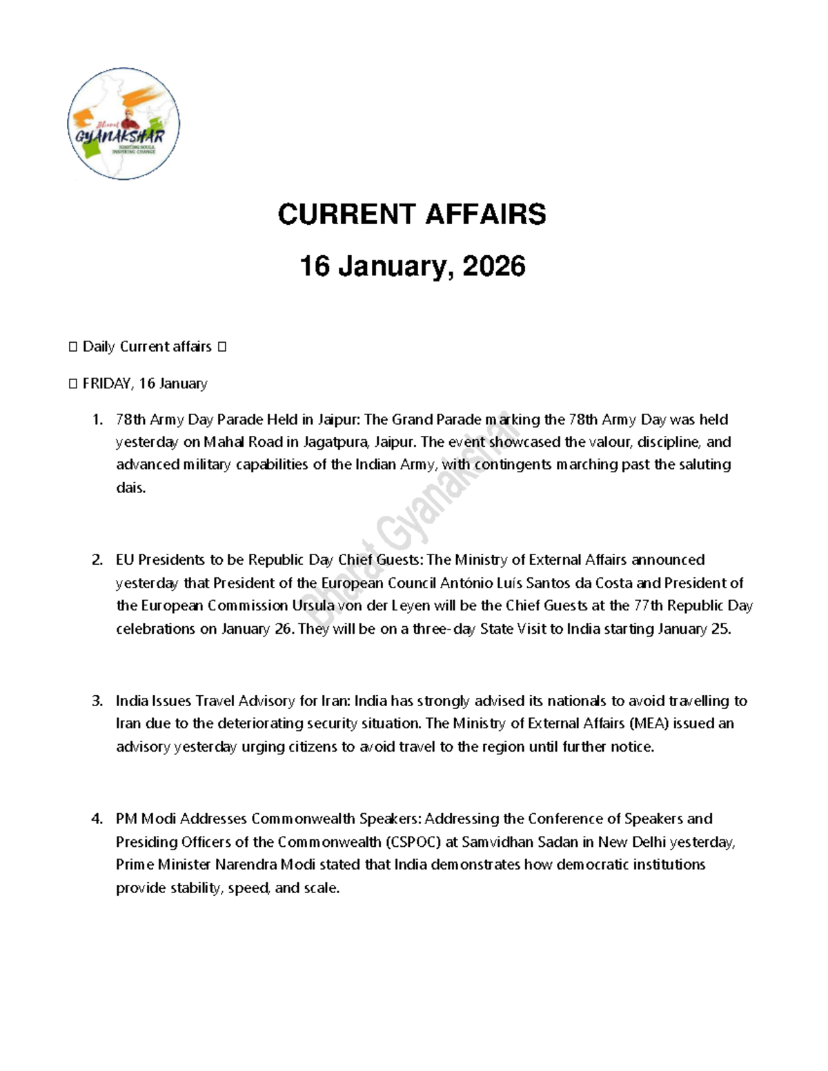 Daily Current Affairs - 16 January 2026 Update - Studocu