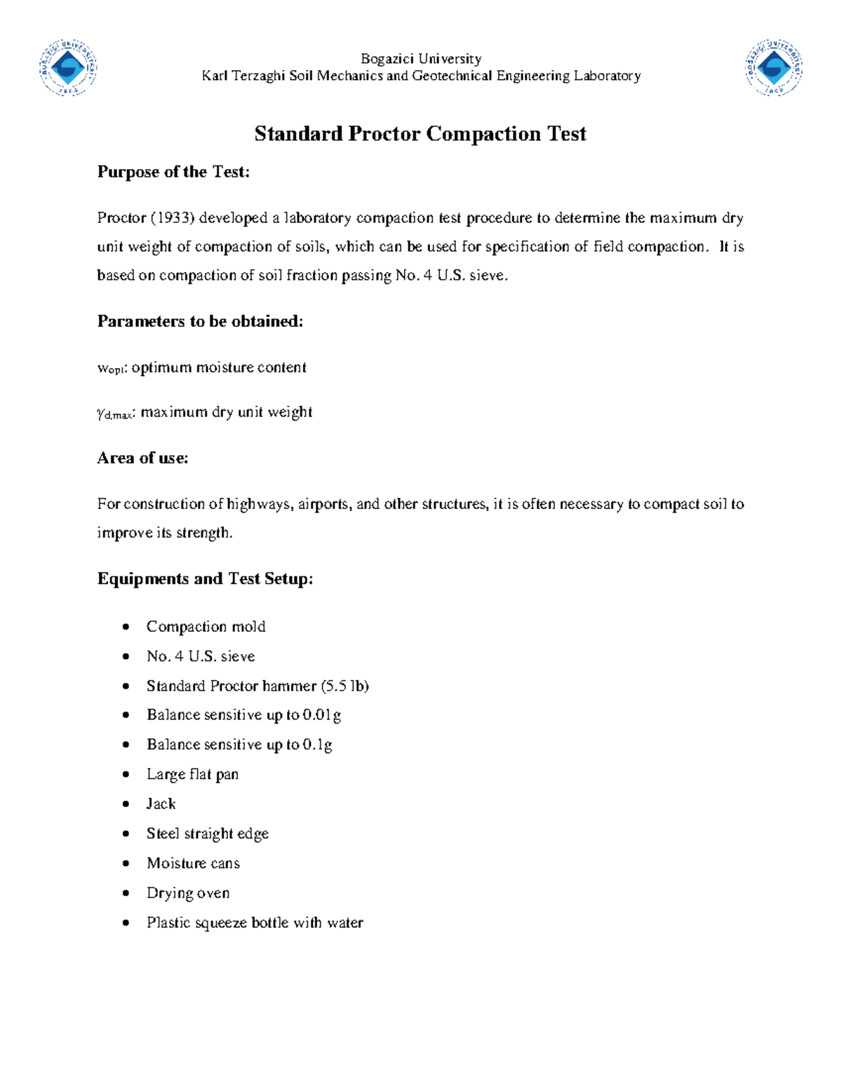 Standard Proctor Compaction Test - Bogazici University Karl Terzaghi ...
