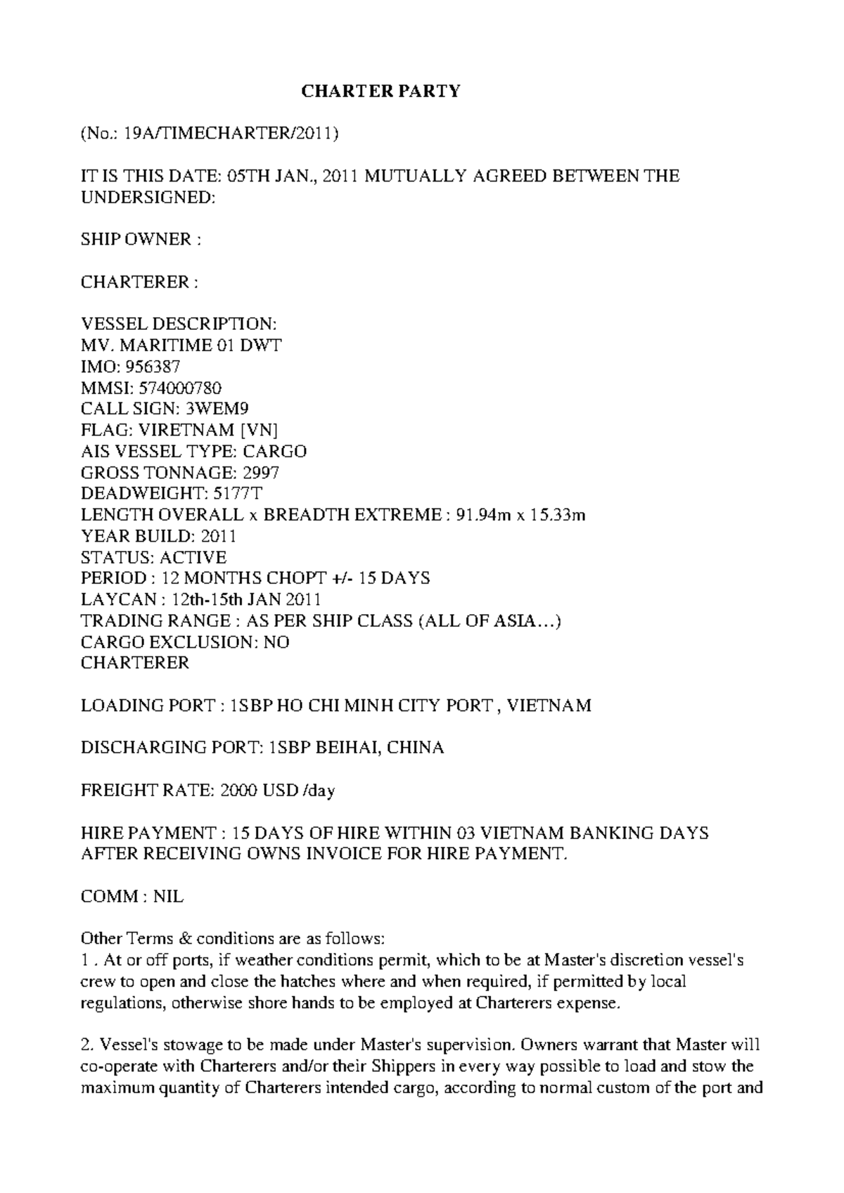 Charter Party Agreement - MV Maritime 01 (NYPE 93) - Studocu
