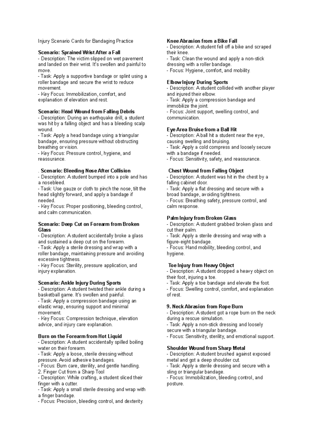 Injury Scenario Cards for Bandaging Practice: Key Techniques and Focus ...