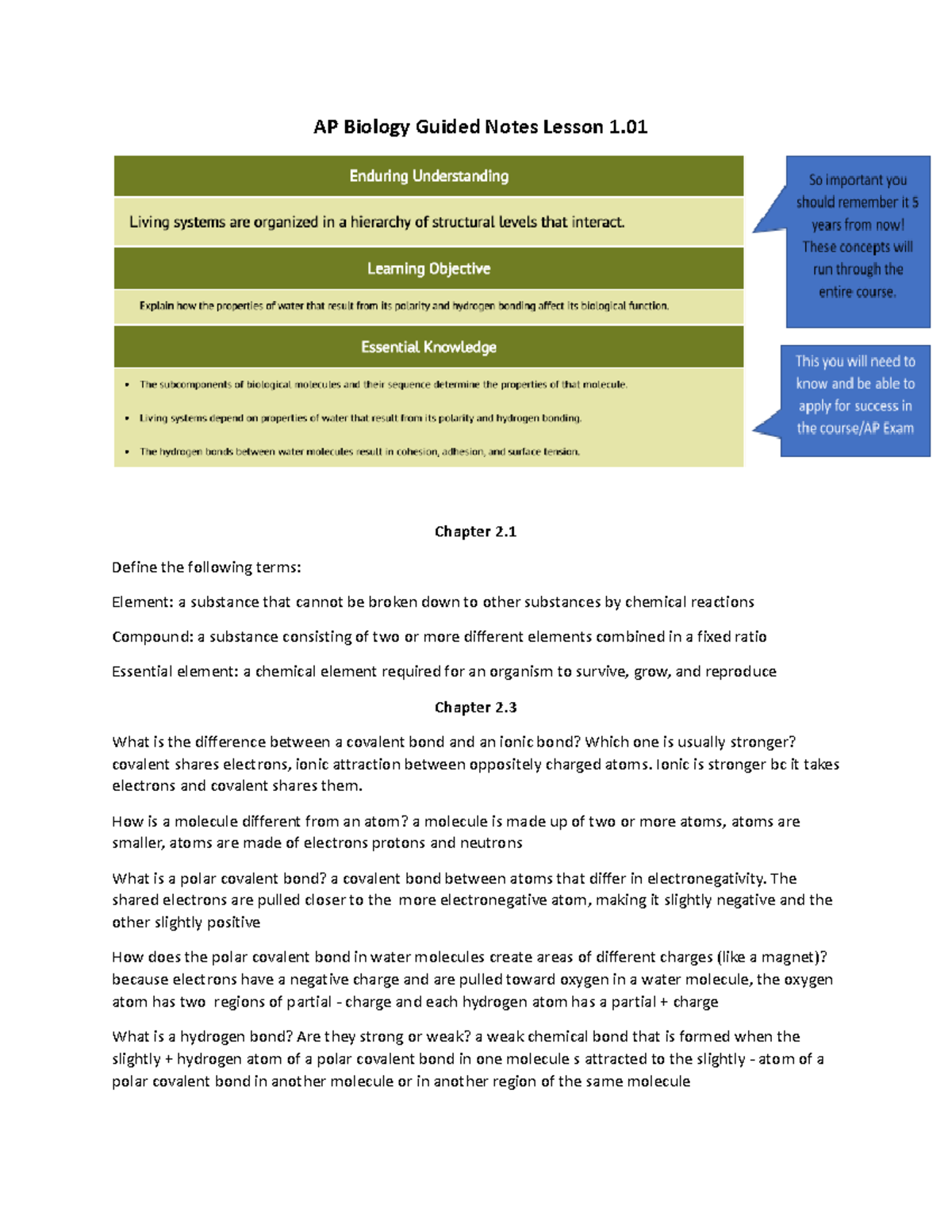 Ap Bio 1 01 Final Exam Notes Chapter 2 Essential Concepts Studocu
