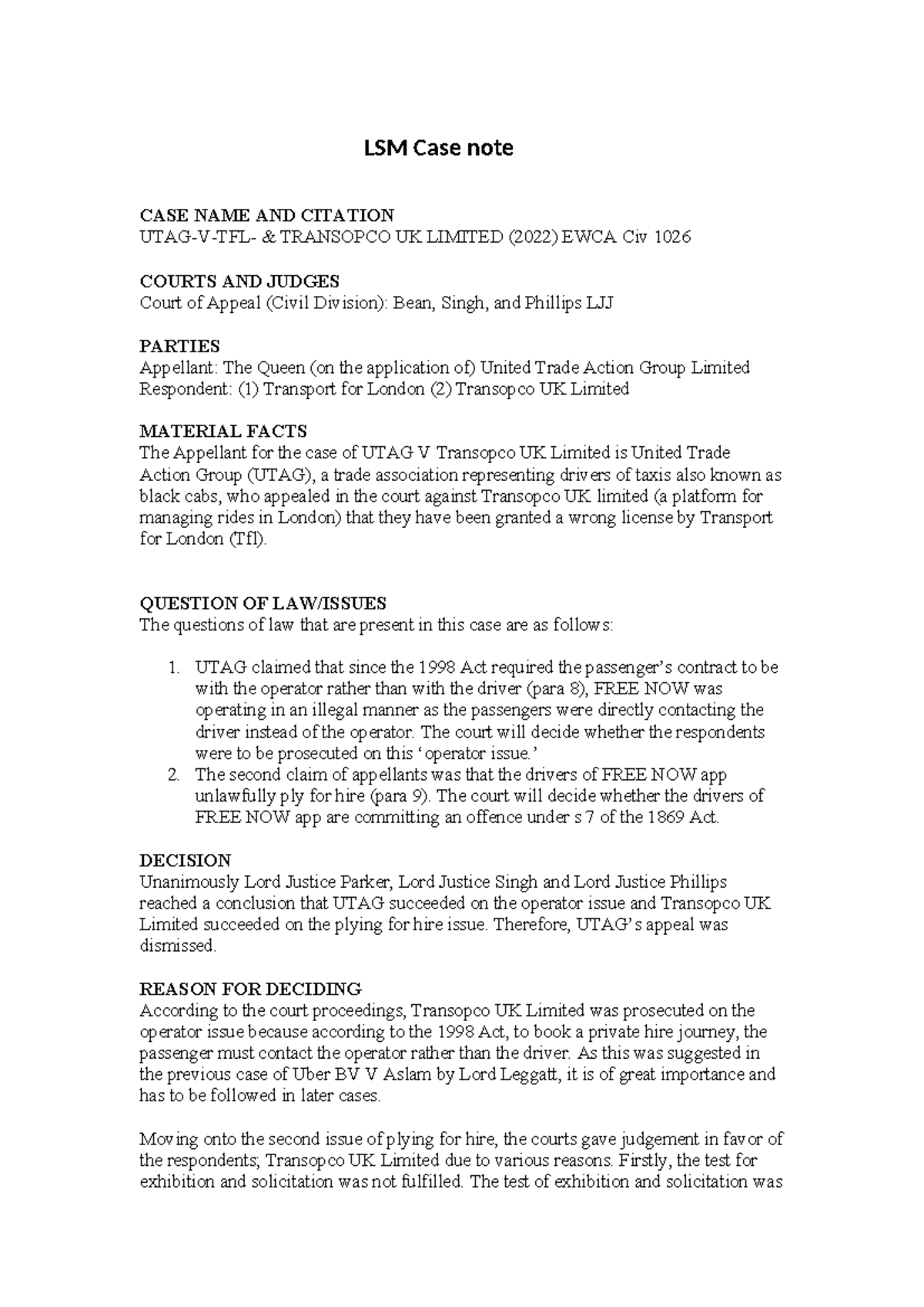 LSM Case note - case note sample - LSM Case note CASE NAME AND CITATION ...