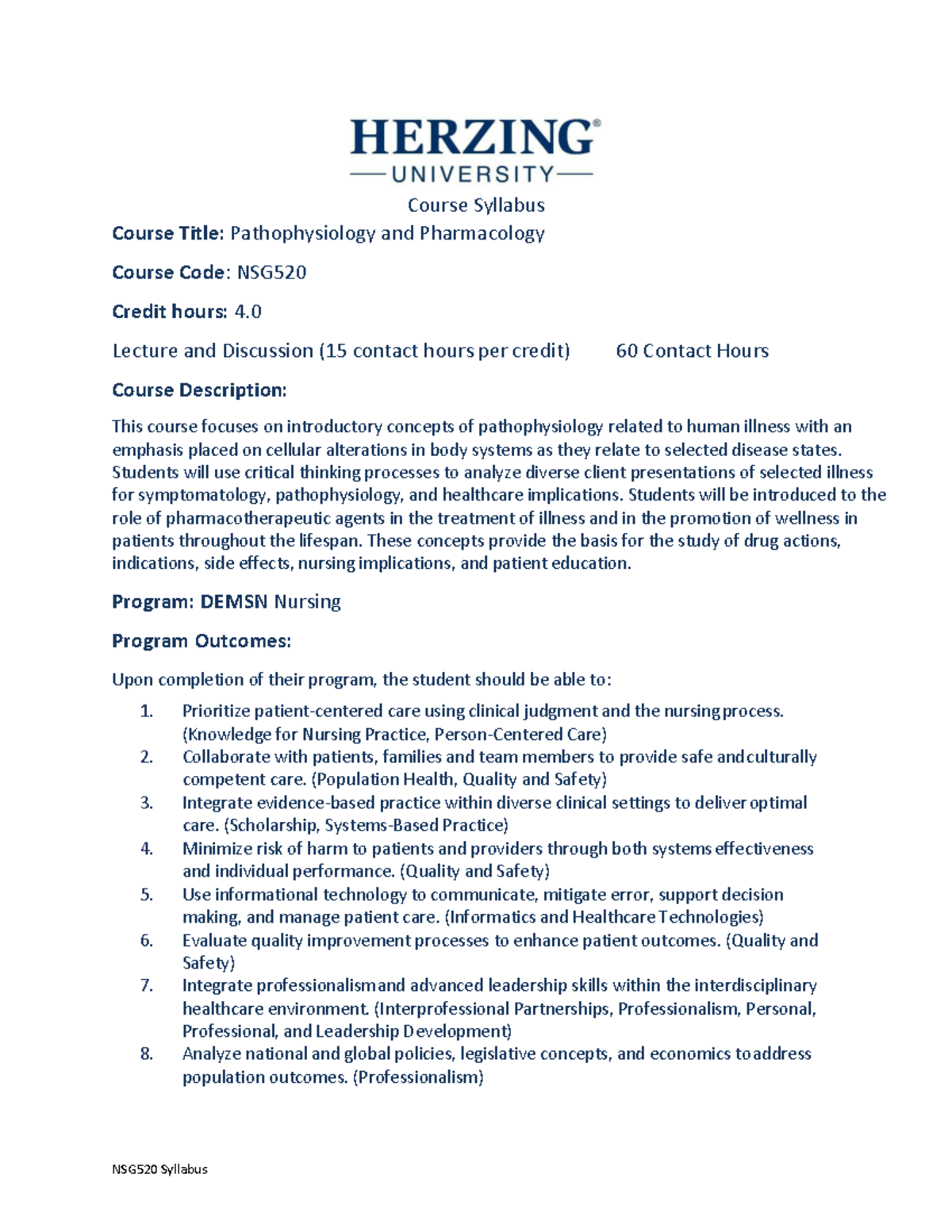 NSG520 Pathophysiology and Pharmacology Course Syllabus 2023 - Studocu