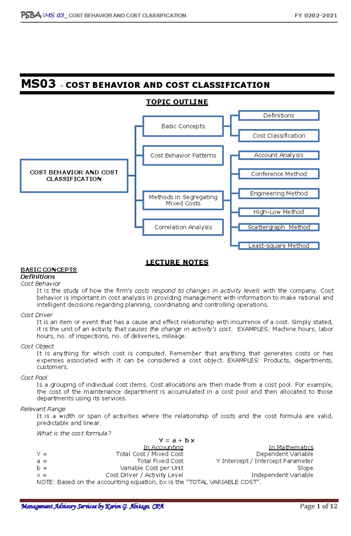 MS03 - Lecture Notes on Cost Behavior and Cost Classification - Studocu