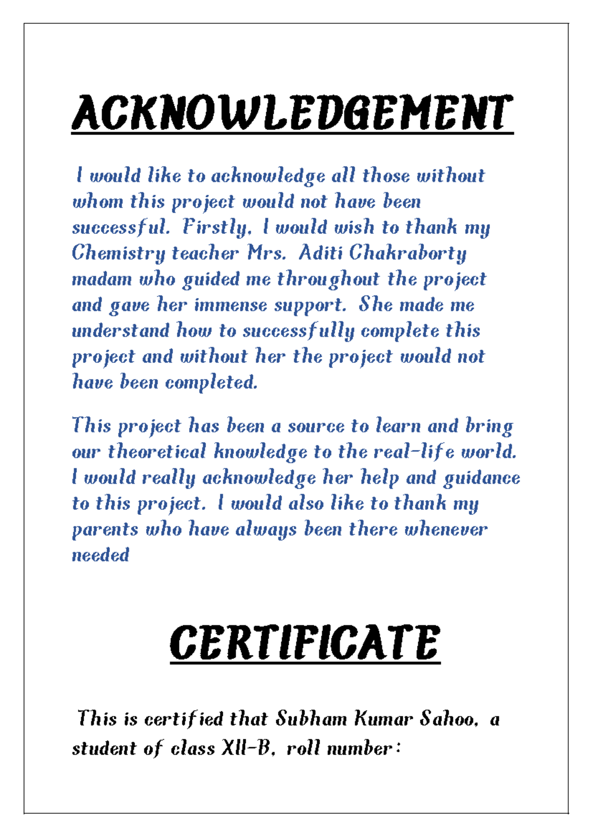Acknowledgement of Support for Project - Class XII B - Studocu