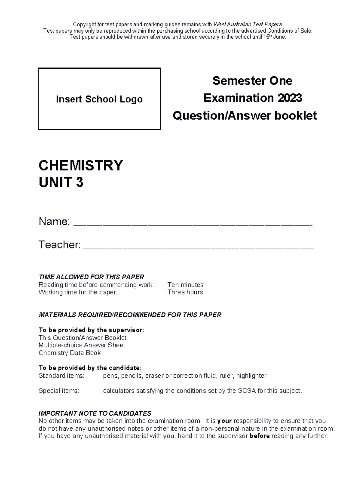 2023 CHEMISTRY UNIT 3 Final Exam Paper and Marking Guide - Studocu