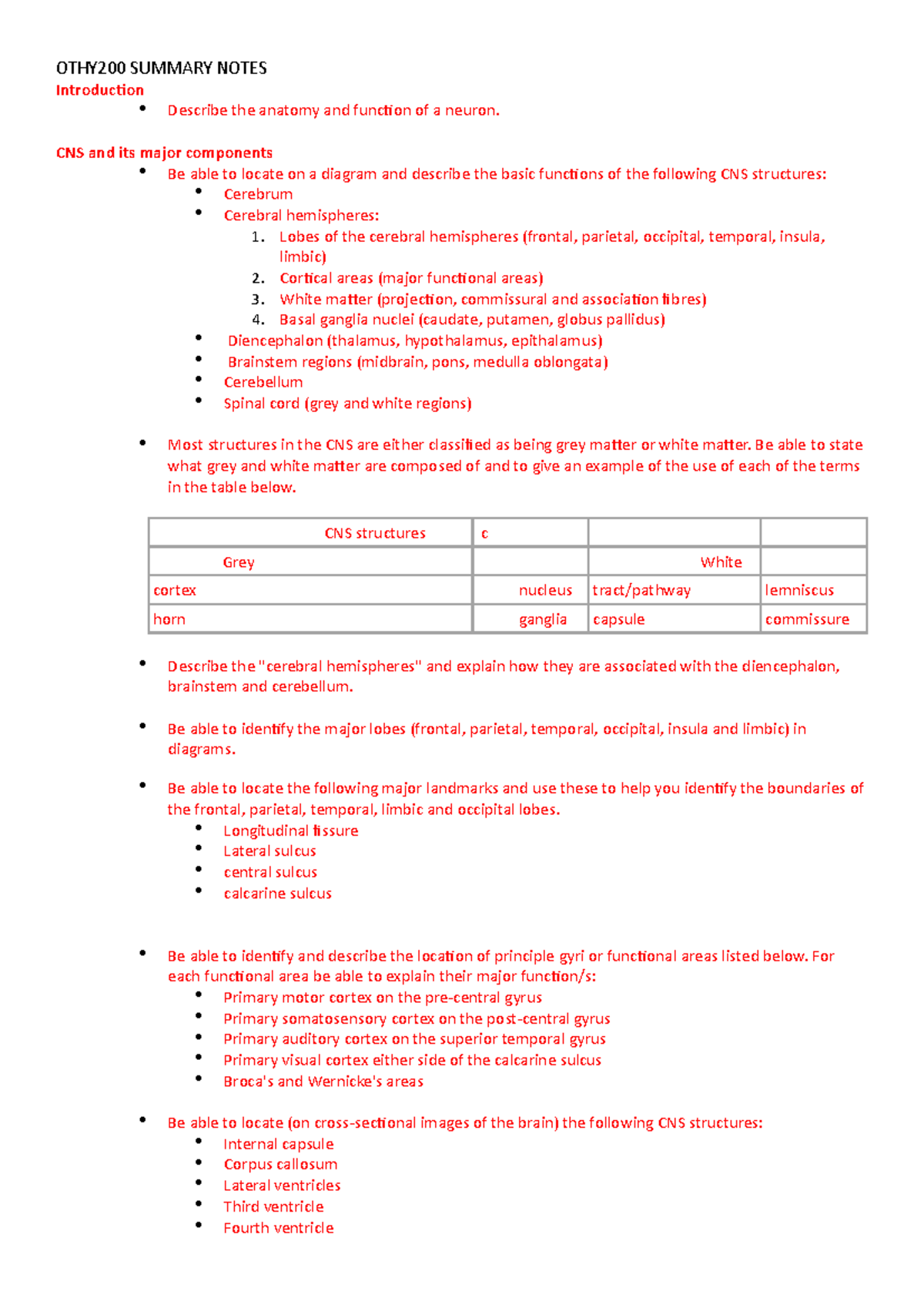 OTHY200 Comprehensive CNS Structure & Function Summary Notes - Studocu