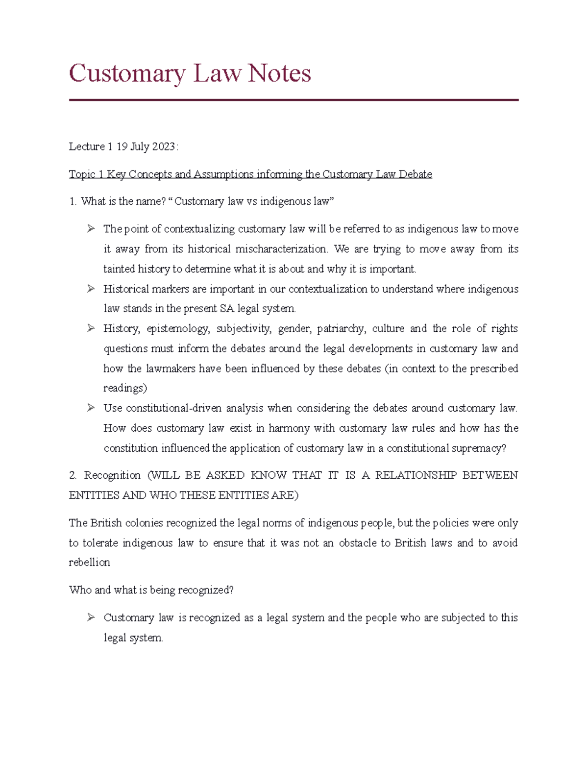 Customary Law Lecture Notes & Slides (Date: July 2023) - Studocu