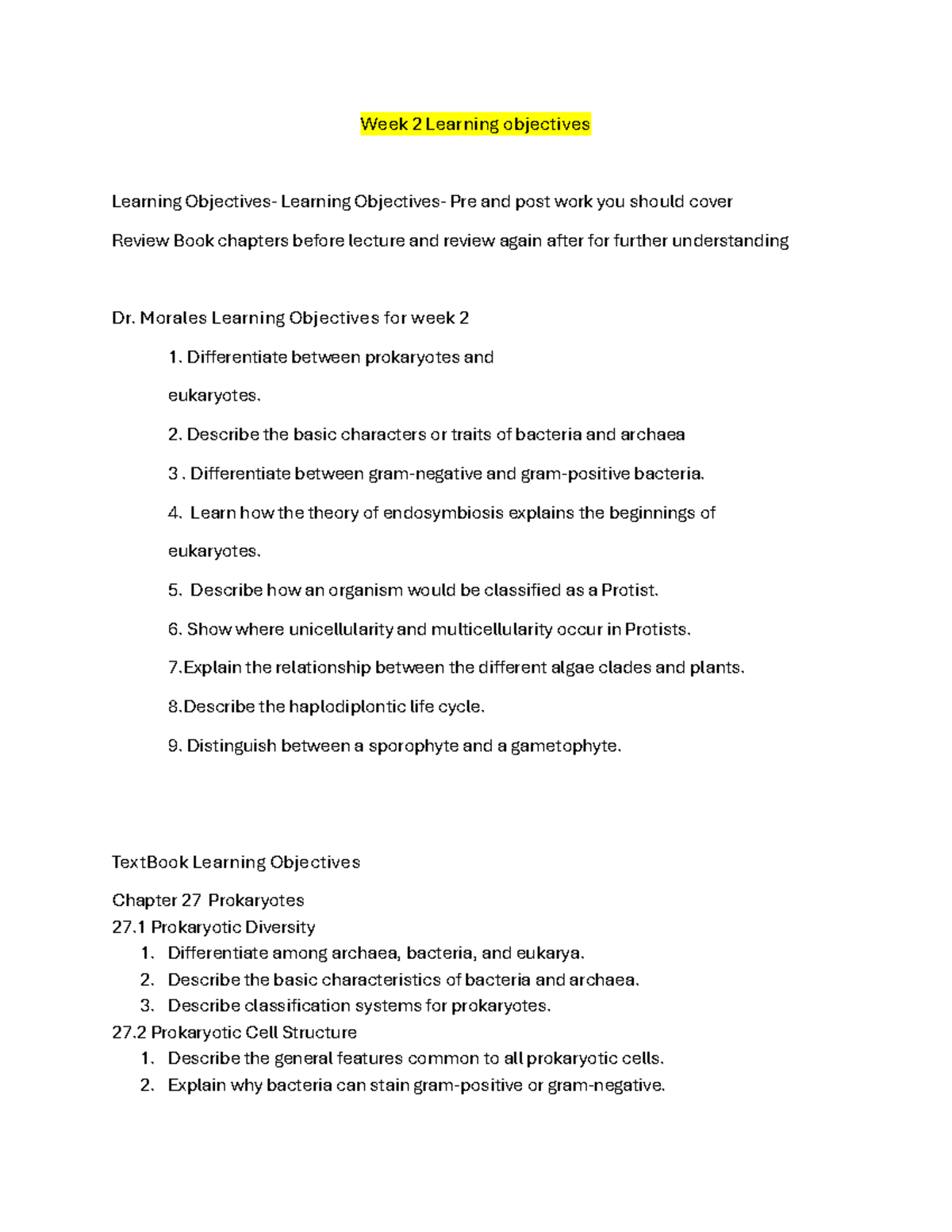 Week 2 Learning Objectives: Prokaryotes, Protists, and Seedless Plants ...