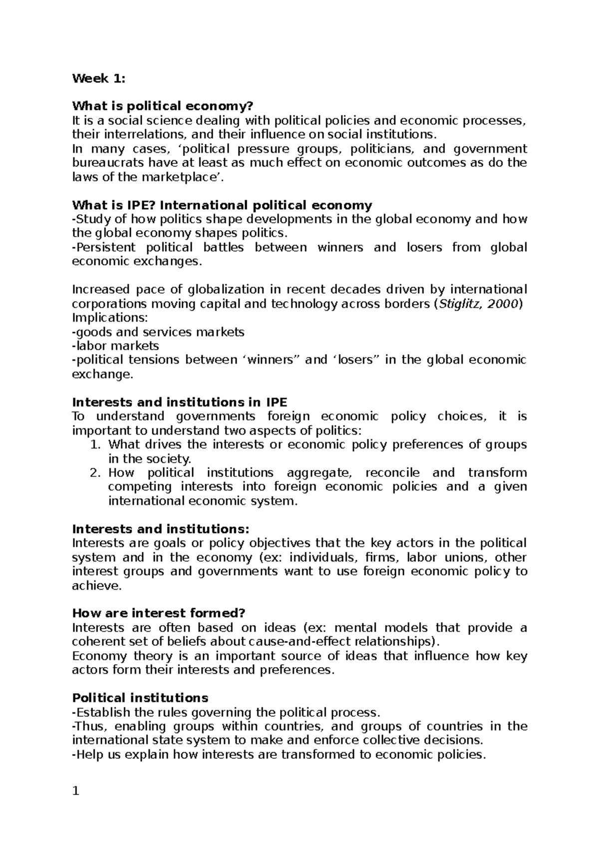 International Political Economy (IPE) - Week 1 Lecture Notes - Studocu