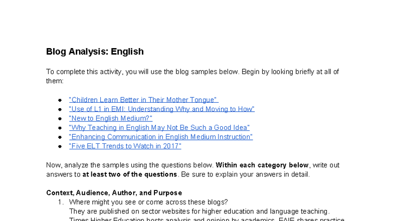 Blog Analysis: English - Understanding EMI Blogs and Their Impact - Studocu