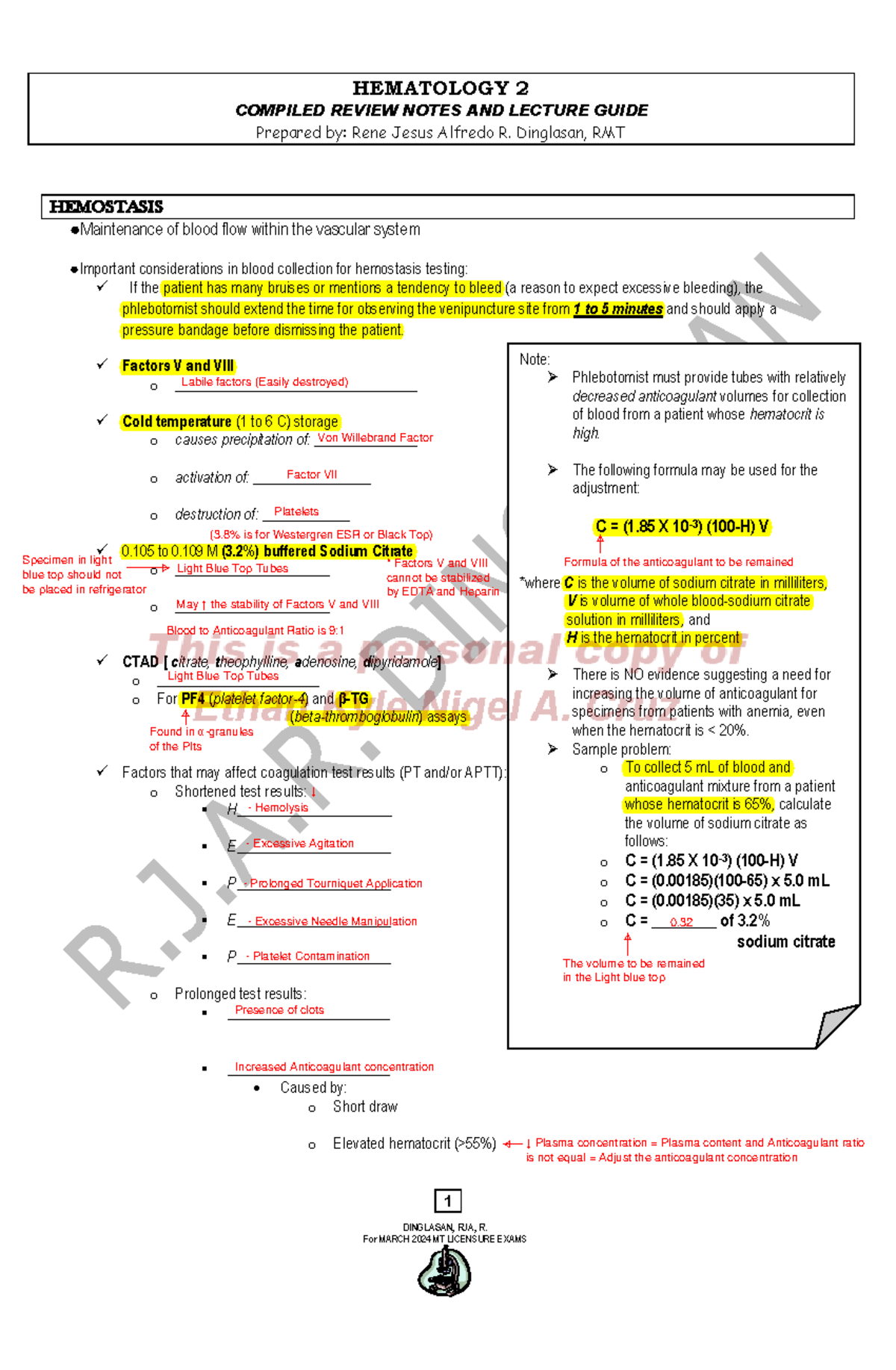 HEMATOLOGY 2: COMPILED REVIEW NOTES & LECTURE GUIDE by Dinglasan - Document Preview