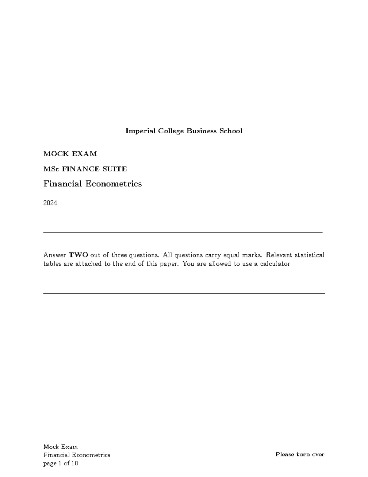 MSc FINANCE 2024: Financial Econometrics Mock Exam Solutions - Studocu