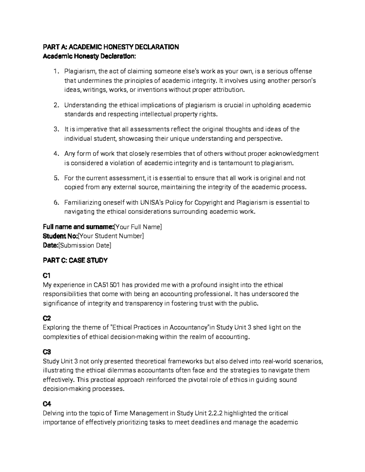 CA51501: Academic Integrity Declaration and Case Study Insights - Studocu