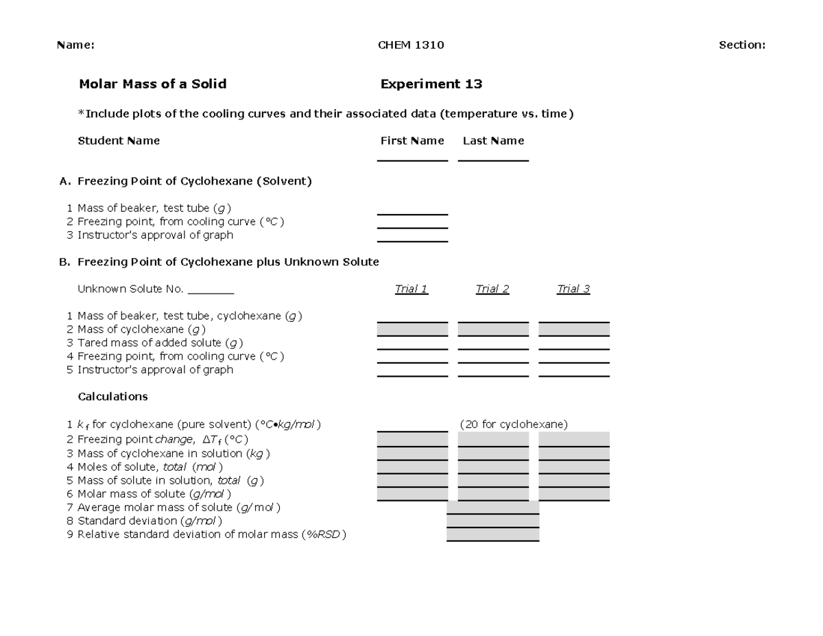CHEM 1310 Experiment 13: Molar Mass Determination Data - Studocu