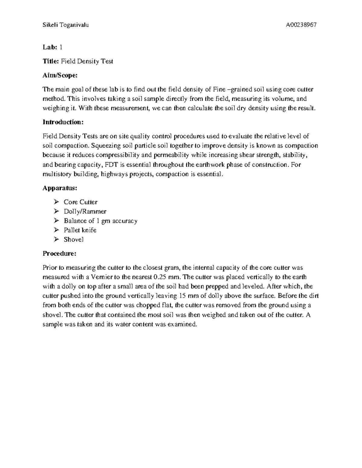 Lab 1: Field Density Test Report A00238967 - Studocu