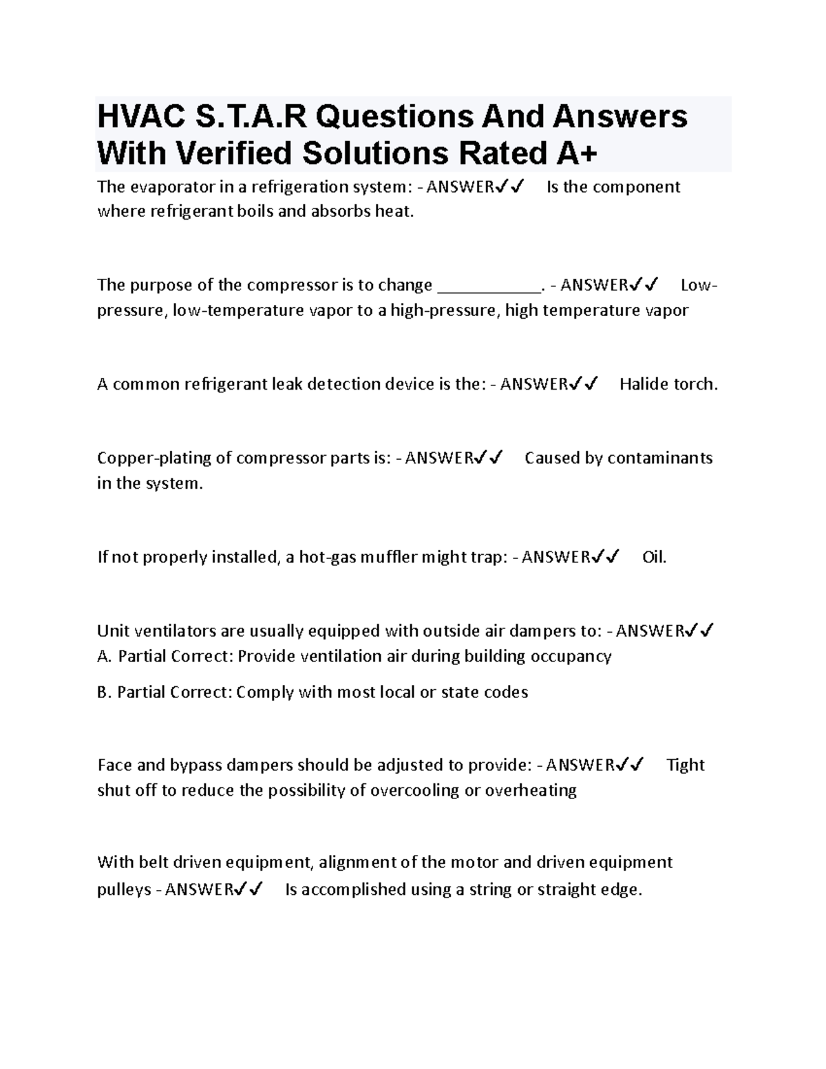 HVAC 101: S.T.A.R Questions & Verified Solutions for Exam Prep - Studocu