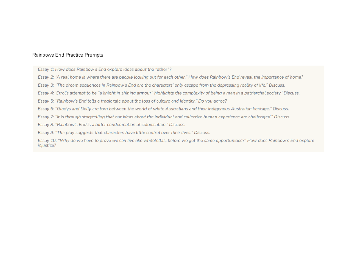 ENG123 Rainbows End Essay Practice Prompts and Discussion Topics - Studocu