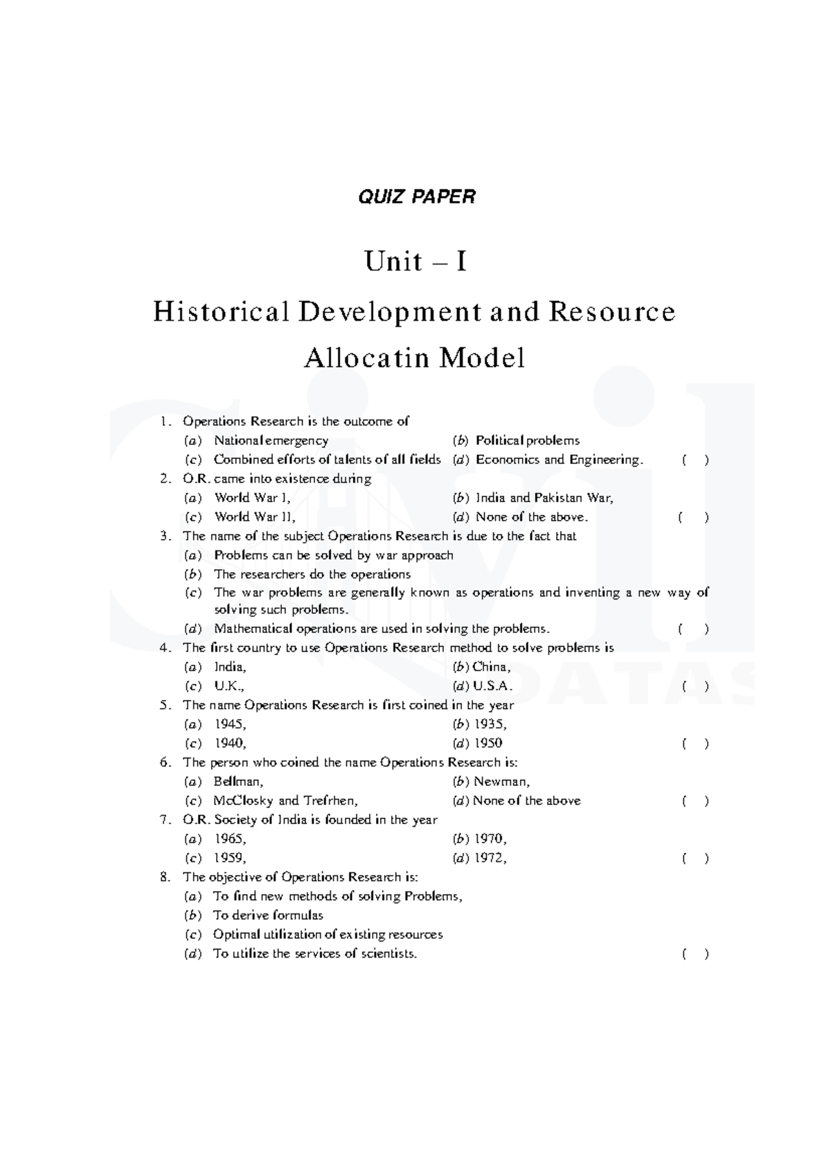 Operations Research (OR) MCQ Quiz Paper with Answers - Studocu