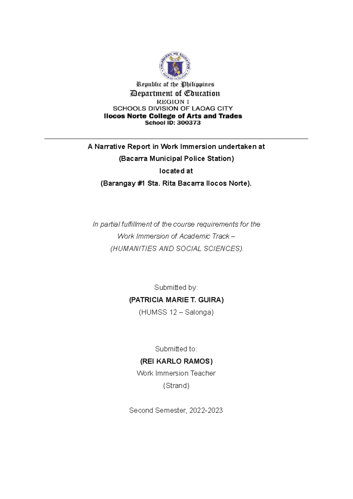 Narrative Report on Work Immersion at Bacarra Municipal Police Station ...
