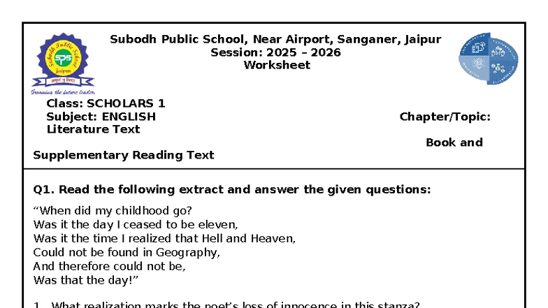 Worksheet on English Literature for Class SCHOLARS 1 - UT 26 - Studocu