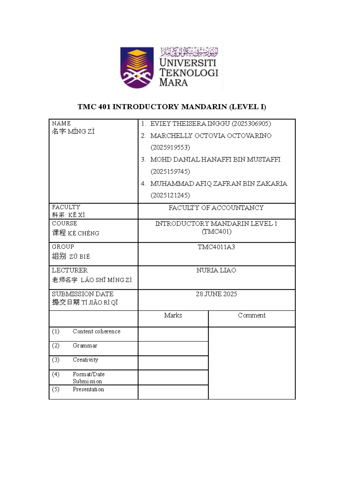 TMC 401 Roleplay Script: Introductory Mandarin Level 1 - Studocu