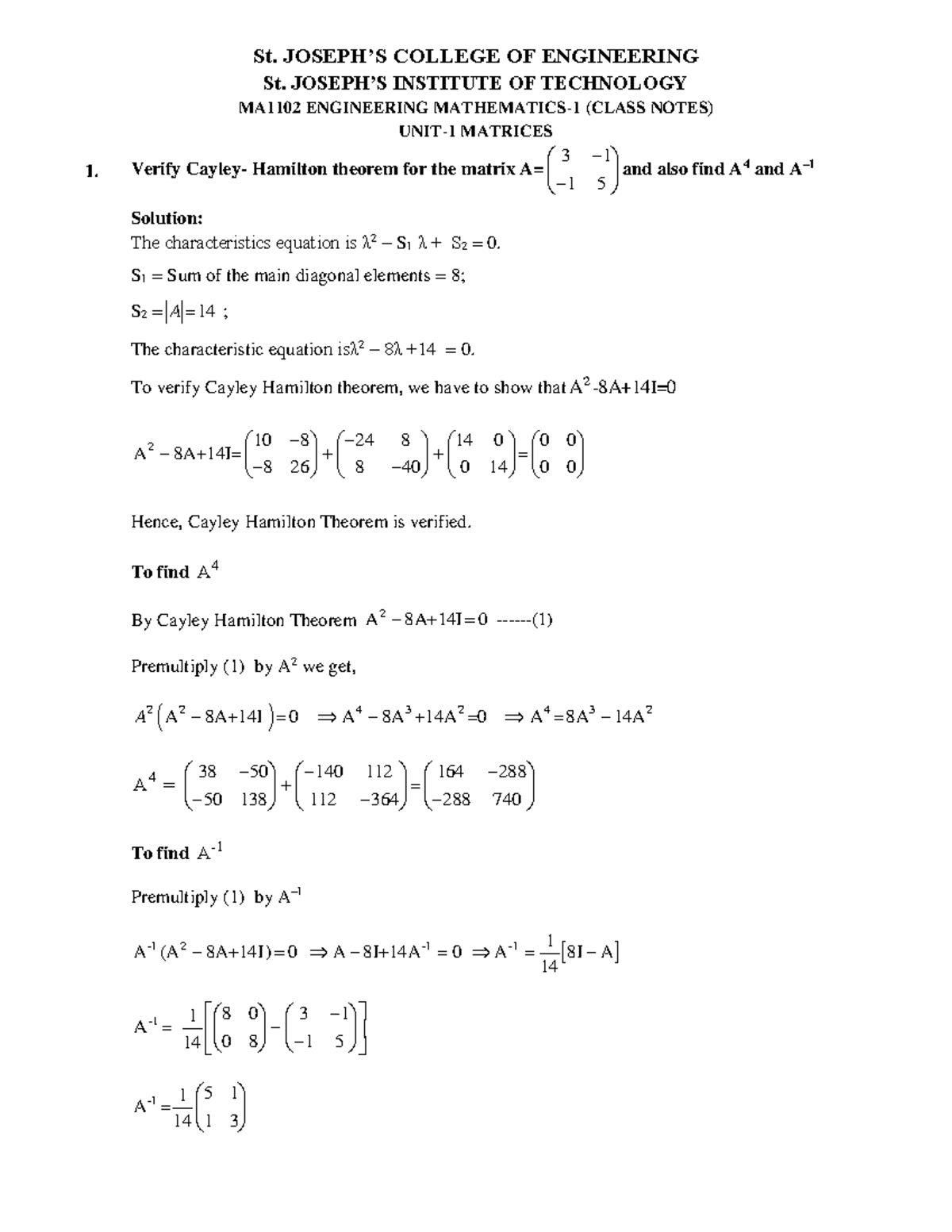 MA1102 Engineering Mathematics-1: Notes on Matrices & Cayley-Hamilton ...