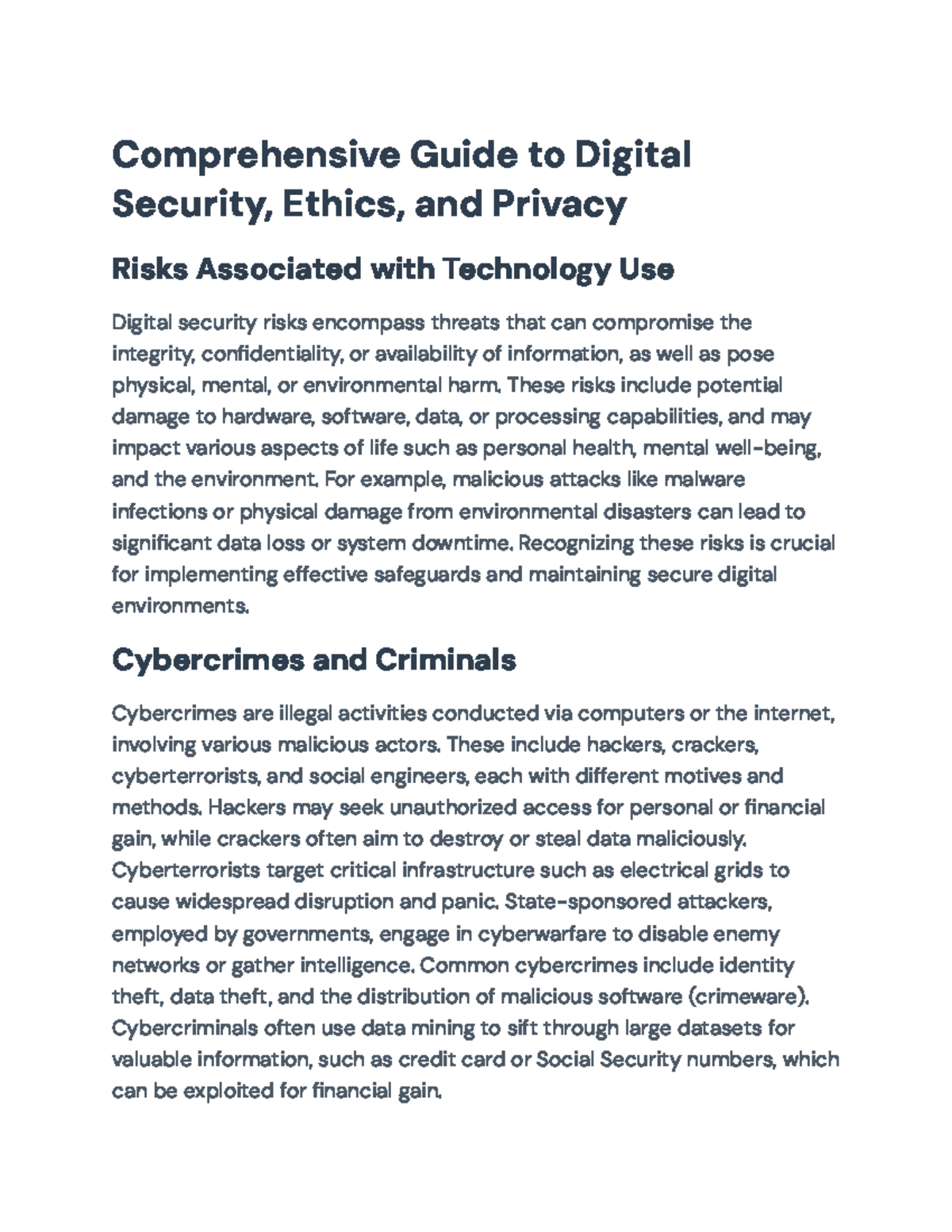 Comprehensive Overview of Digital Security, Ethics, and Privacy Risks ...