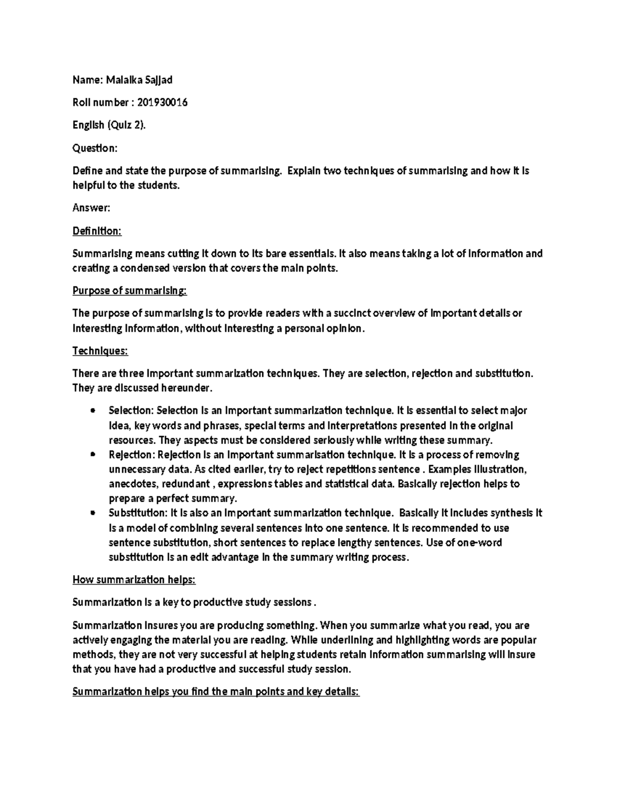 ENG 101 - Quiz 2 Notes: Techniques & Importance of Summarising - Studocu
