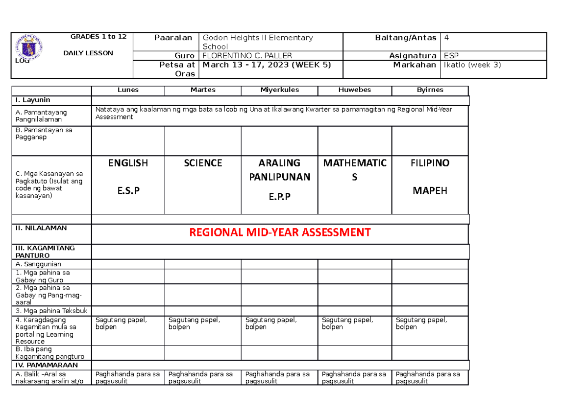 Grade 4 DLL ESP P4 Q3 Week 5 Mid-Year Assessment Plan - Studocu