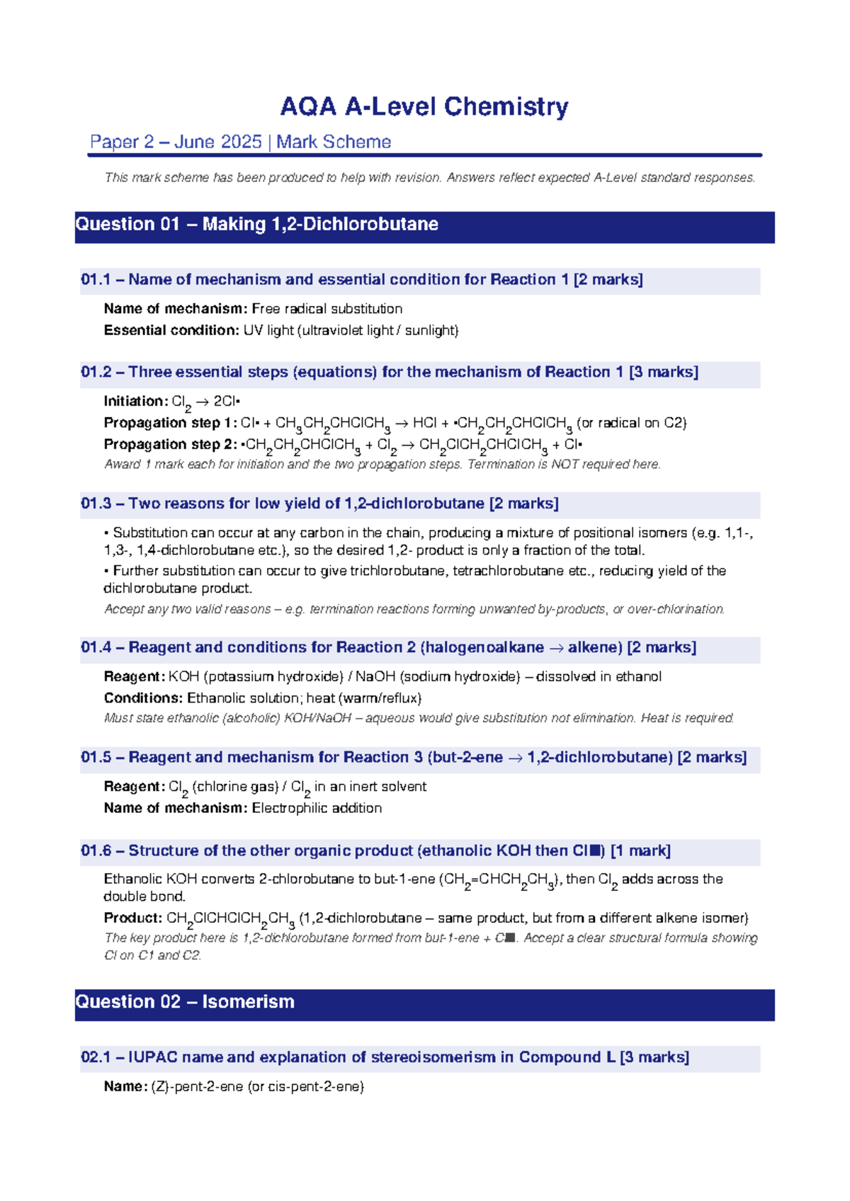 AQA Chemistry Paper 2 June 2025 Mark Scheme for Revision - Studocu