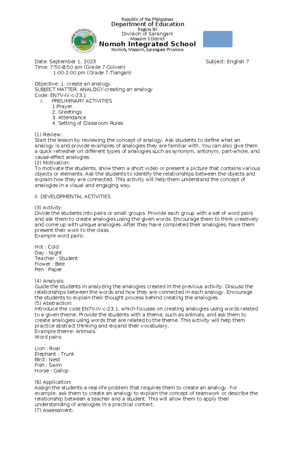 English 7 Lesson Plan: Understanding Analogies - Sept 1, 2023 - Studocu