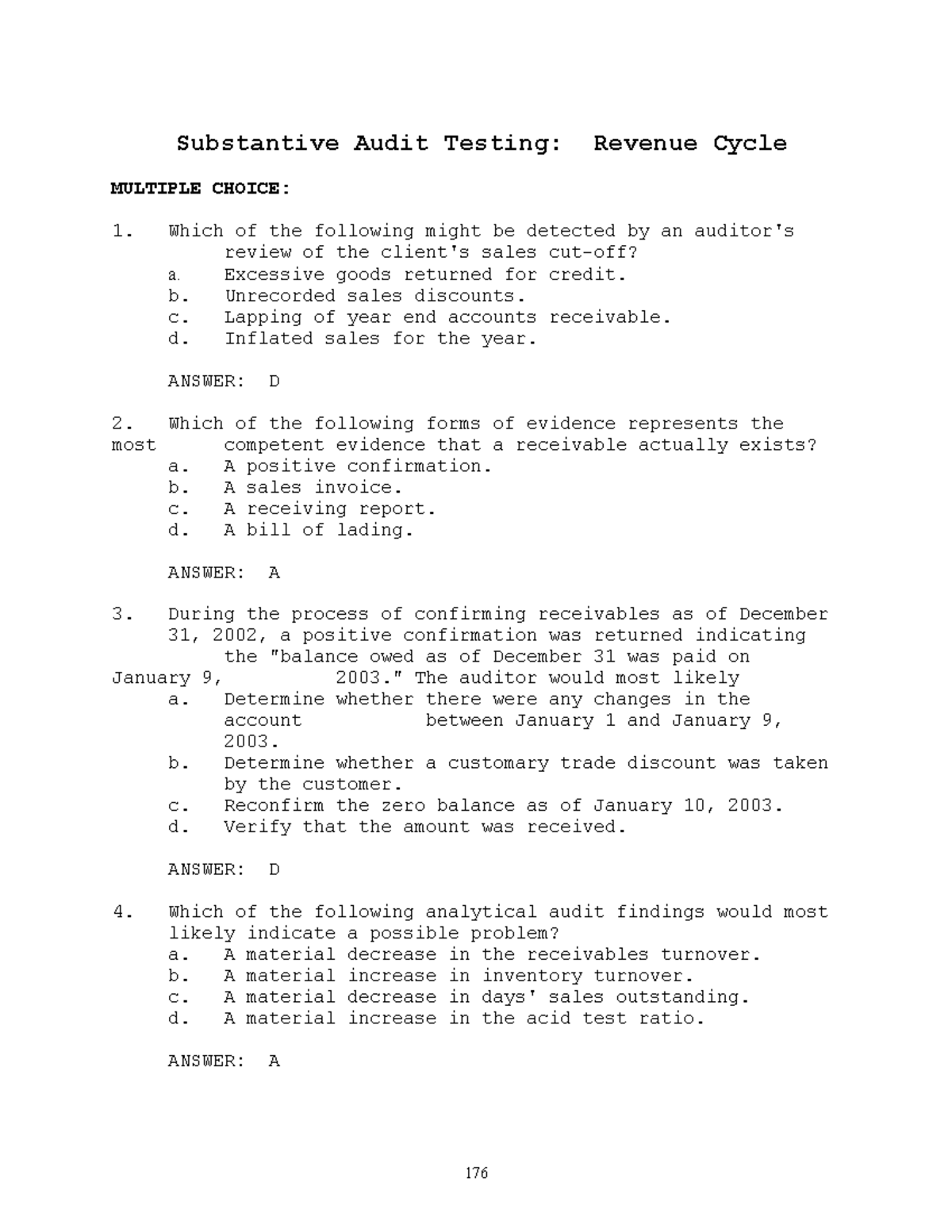 Substantive Audit Testing: Revenue Cycle MCQs - Comprehensive Guide - Document Preview