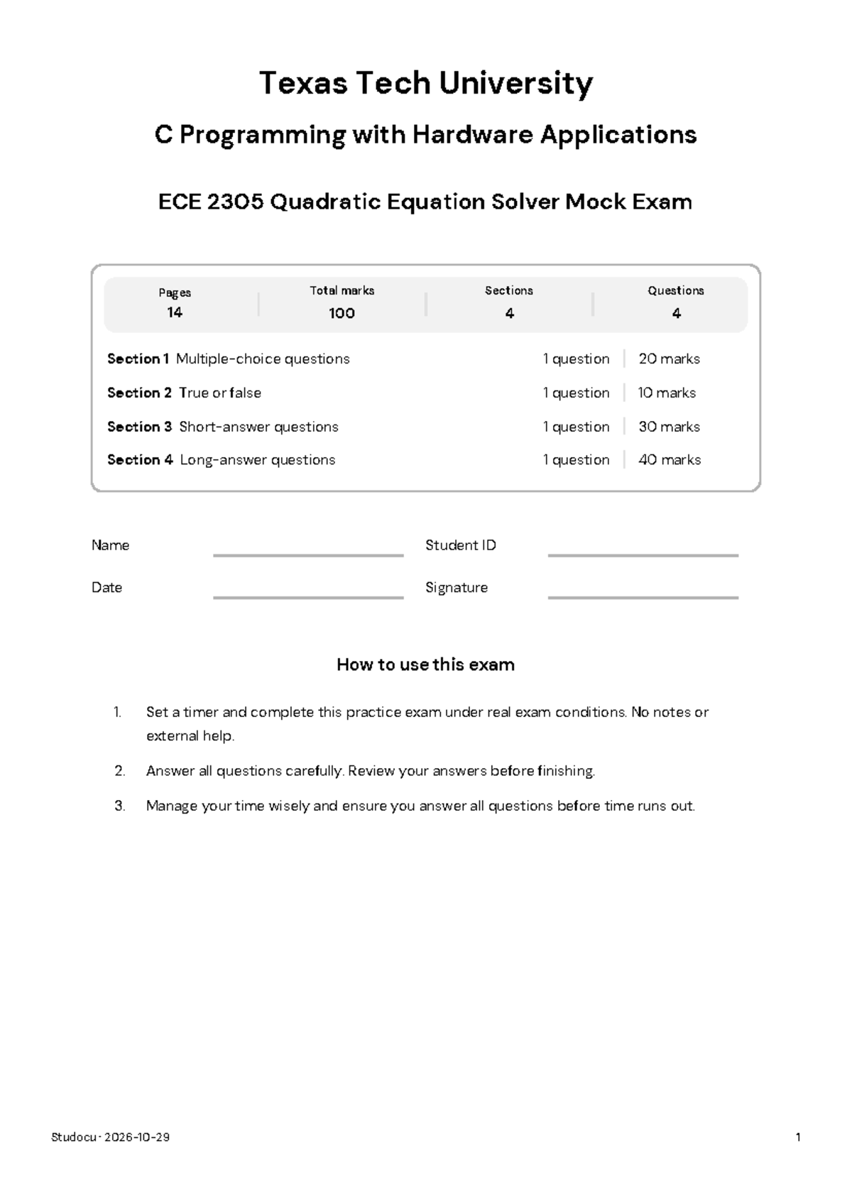 ECE 2305 Quadratic Equation Solver Mock Exam Guide - Studocu