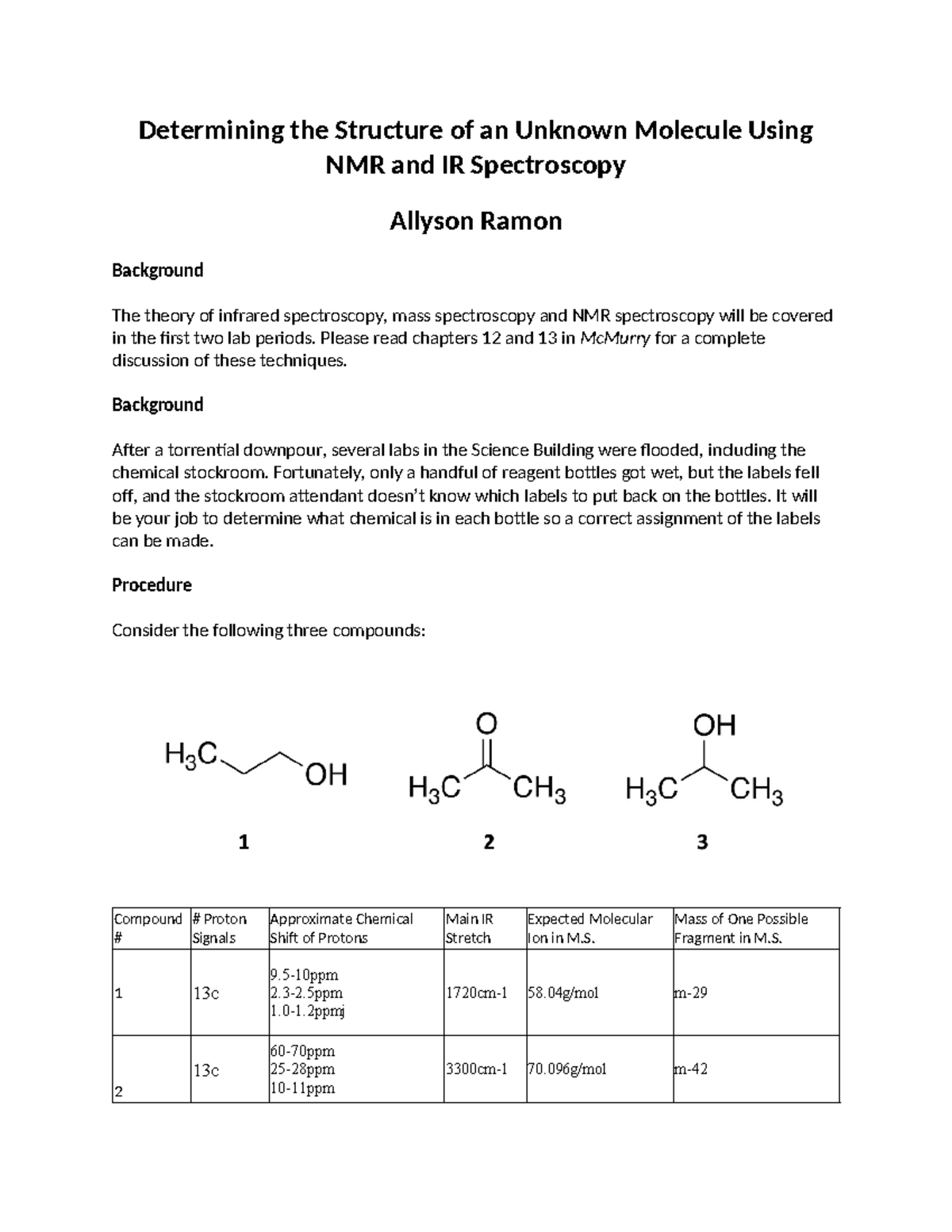 Pre Lab 1: NMR and IR Spectroscopy for Unknown Molecule Analysis - Studocu