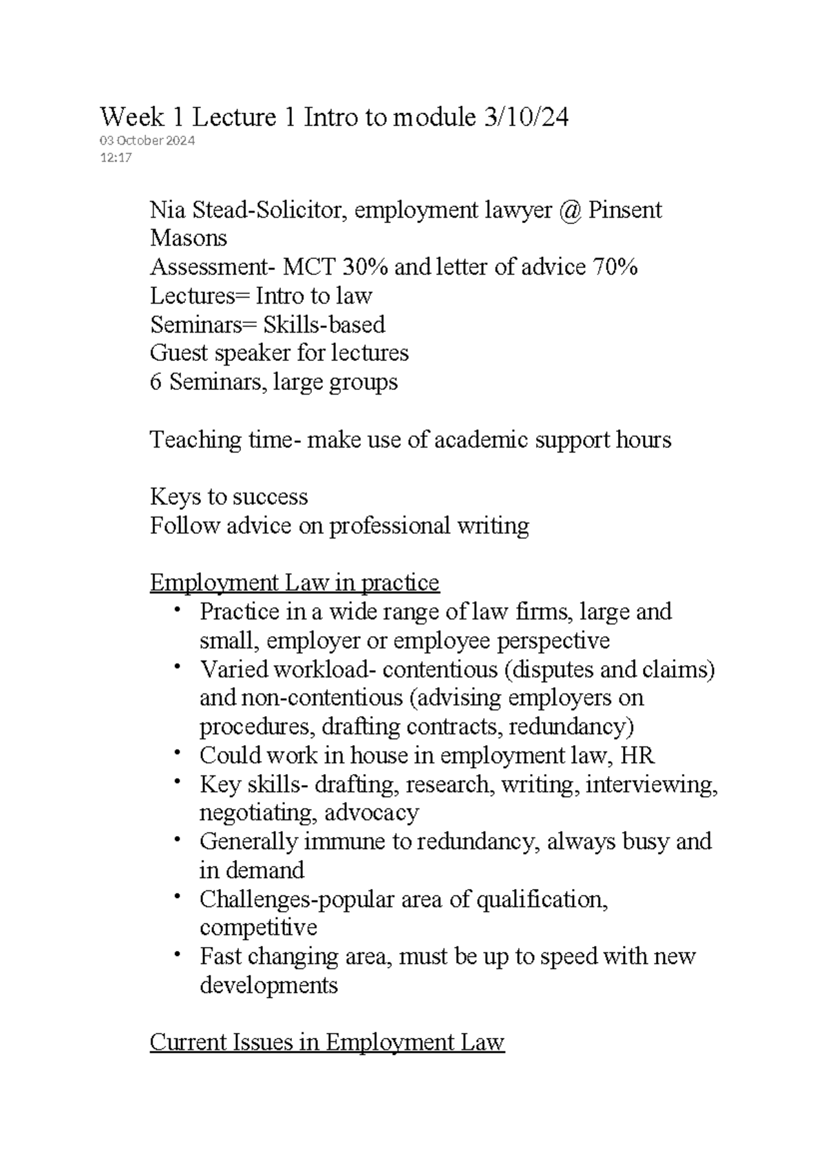 Employment Law - summaries - Week 1 Lecture 1 Intro to module 3/10/ 03 ...