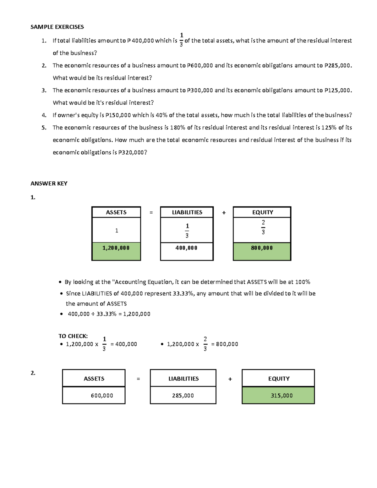 Acc 101 - Sample Exercises & Answer Key on Residual Interest - Studocu