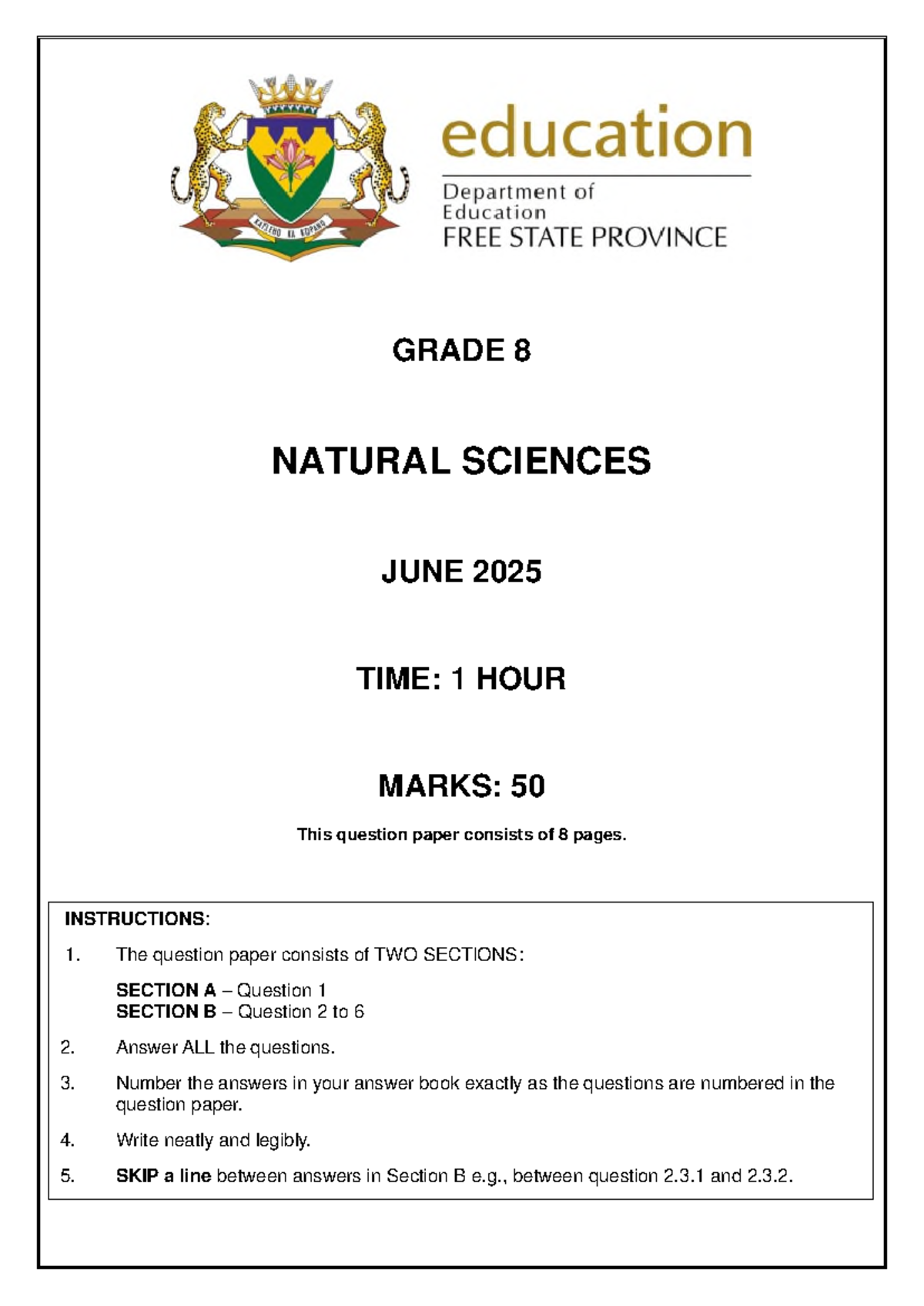 GRADE 8 NATURAL SCIENCES JUNE 2025 PROVINCIAL TEST QUESTION PAPER - Studocu