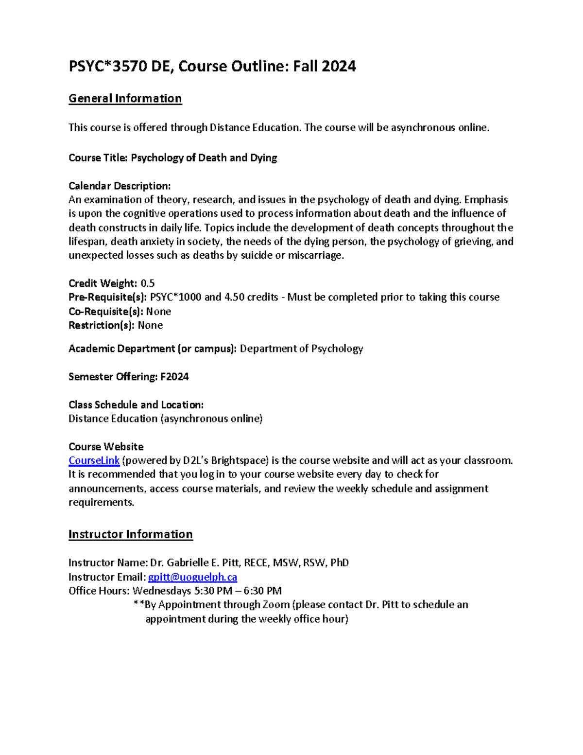 PSYC3570 DE Fall 2024 Course Outline: Psychology of Death and Dying ...