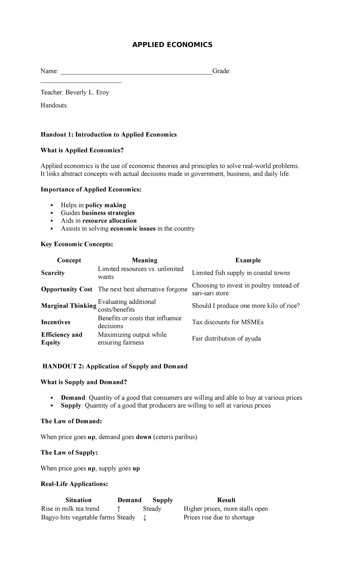 APPLIED ECONOMICS (Prelim) - Key Concepts & Applications - Studocu