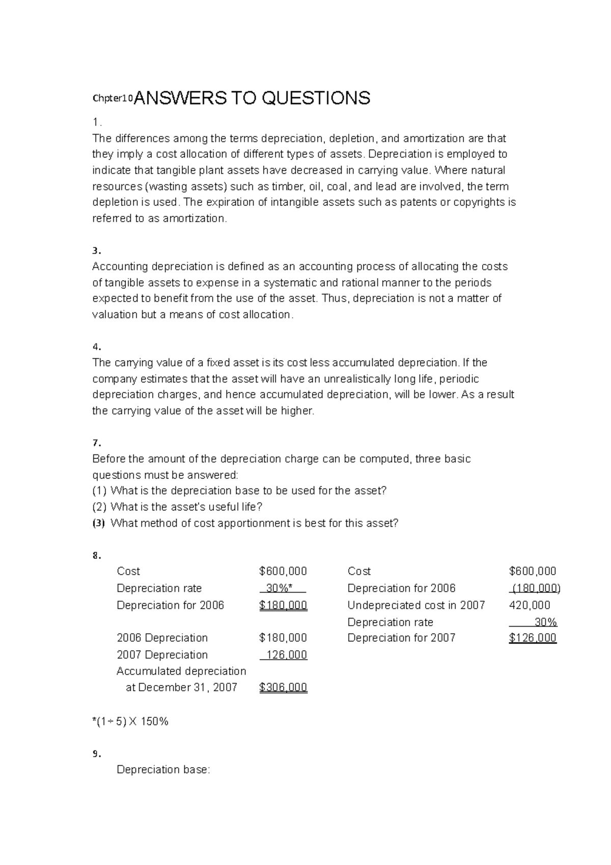 Chapter 10: Answers to Questions on Depreciation and Amortization - Studocu
