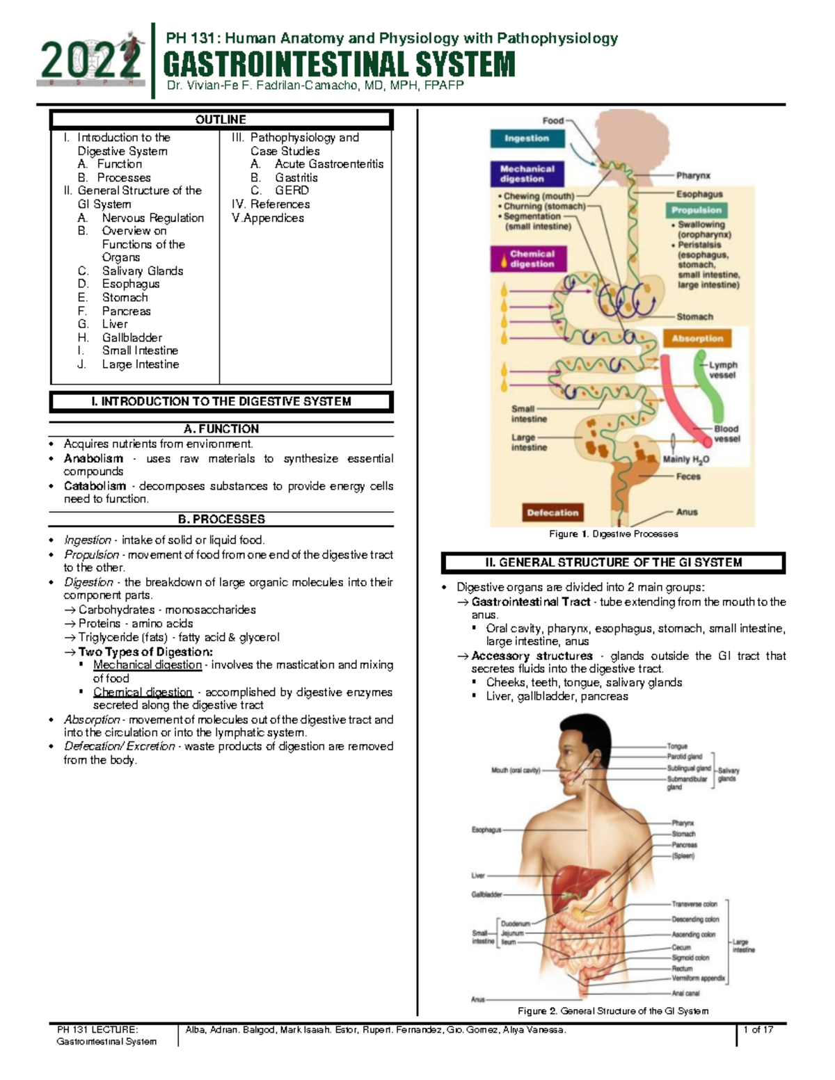 PH 131 LEC Gastrointestinal System - PH 131 LECTURE: Alba, Adrian ...