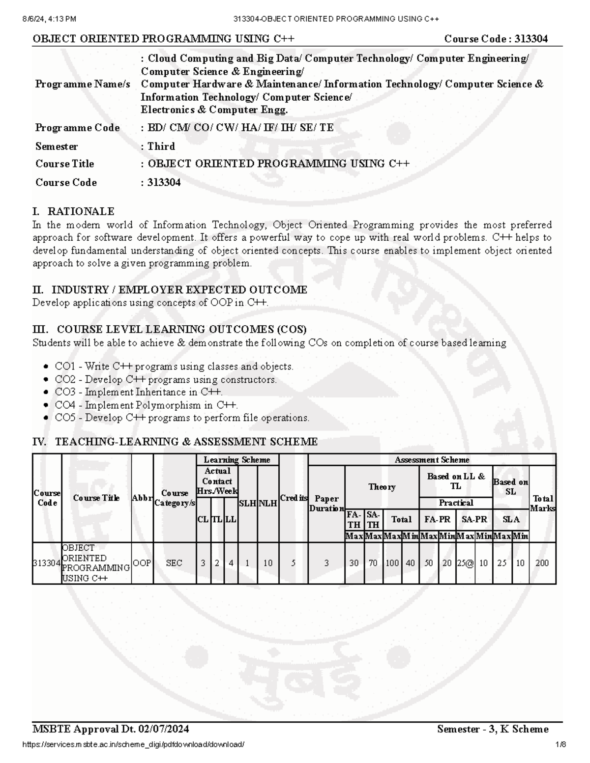 313304 - Object Oriented Programming Using C++ - Semester 3 Overview ...