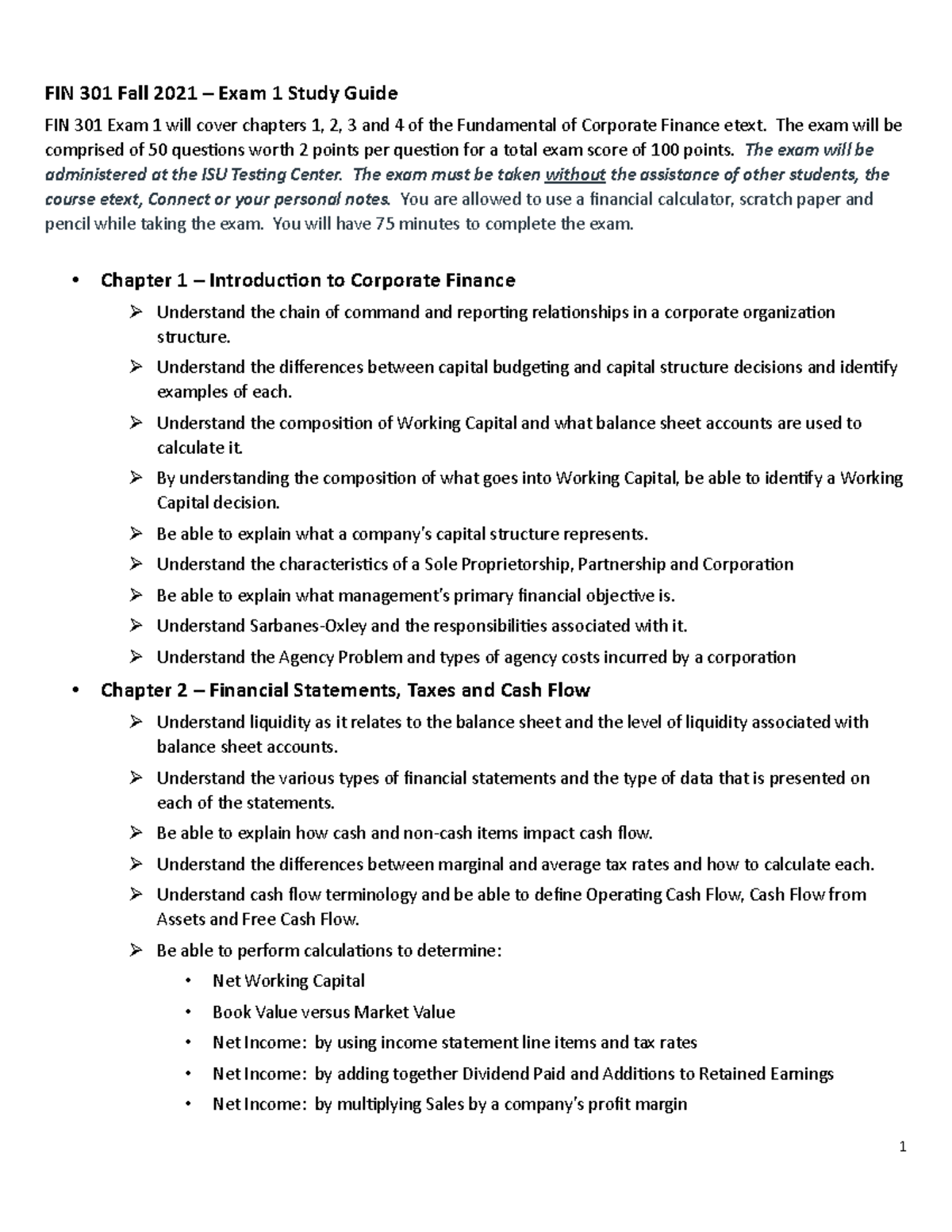 FIN 301 Exam 1 Study Guide - FIN 301 Fall 2021 – Exam 1 Study Guide FIN ...