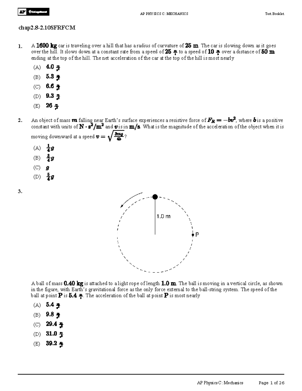 AP PHYSICS C: MECHANICS Test Booklet 1 - Practice Questions and ...