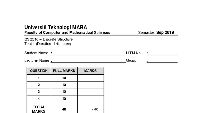 2019 Sep CSC510 Discrete Structure Test 1 Answer Key - Studocu