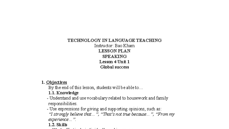 TECHNOLOGY IN LANGUAGE TEACHING (ENG101) LESSON PLAN: SPEAKING UNIT 1 ...